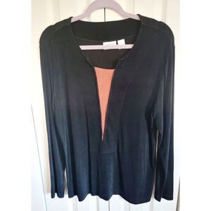 Chico’s Travelers 3 Black Slinky Blouse V- Neck Copper‎ Insert Long Sleeve New